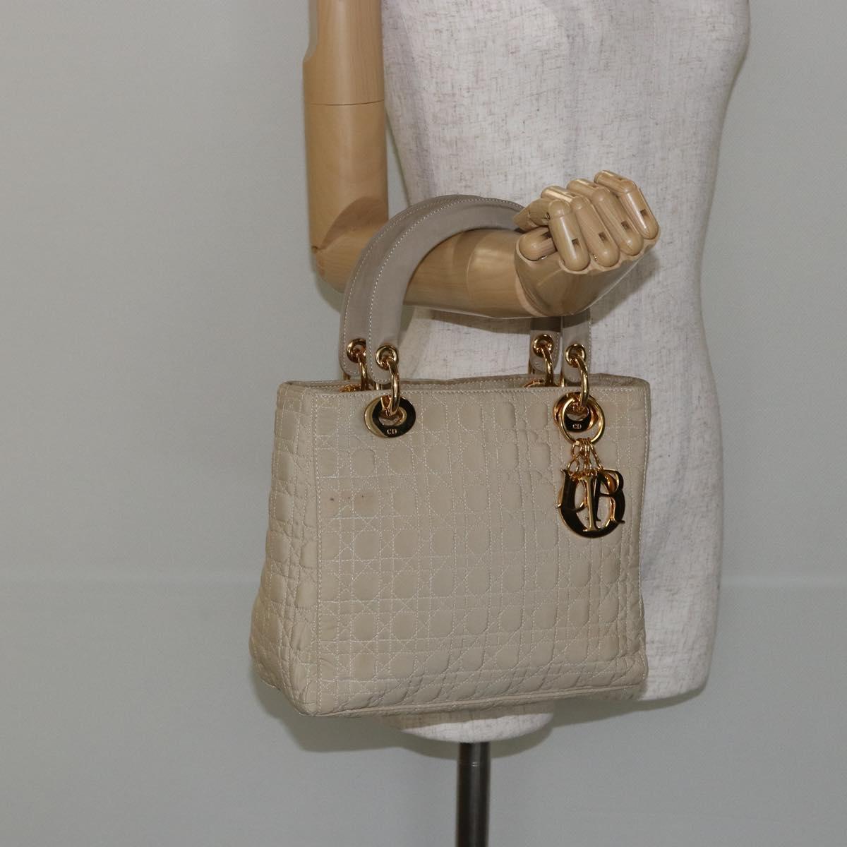Christian Dior Canage Lady Dior Hand Bag Nylon Beige Gold Auth 142896