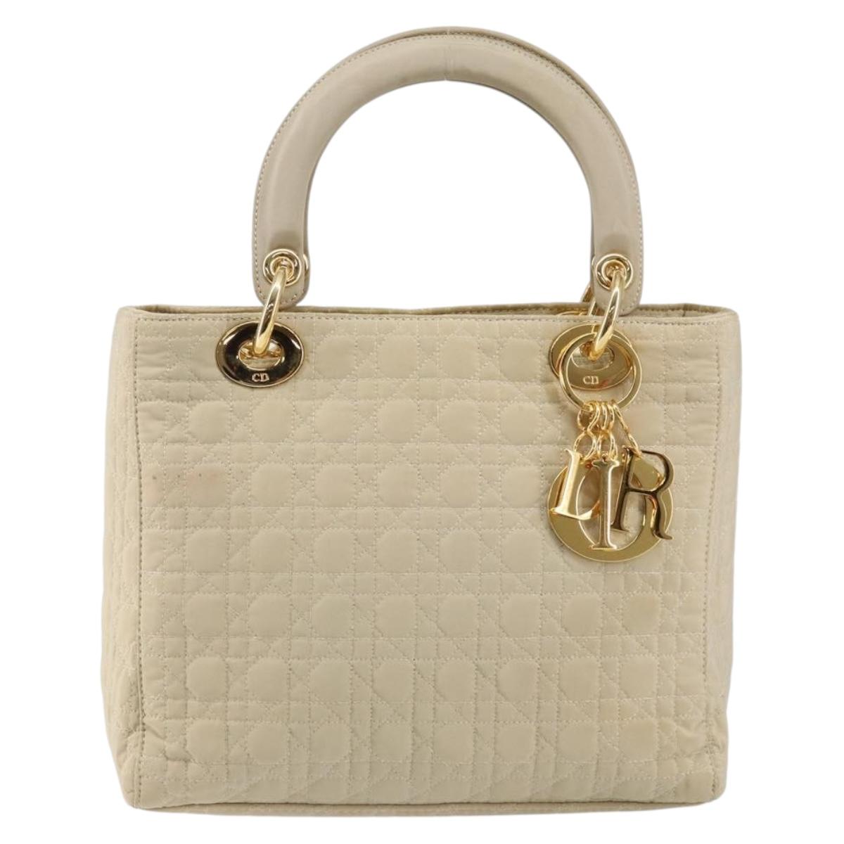 Christian Dior Canage Lady Dior Hand Bag Nylon Beige Gold Auth 142896