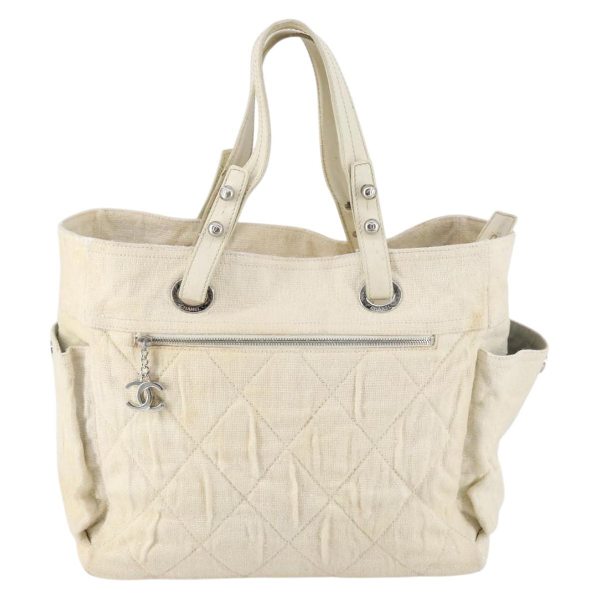 CHANEL Paris Biarritz GM Tote Bag Coated Canvas White Silver CC Auth 142940