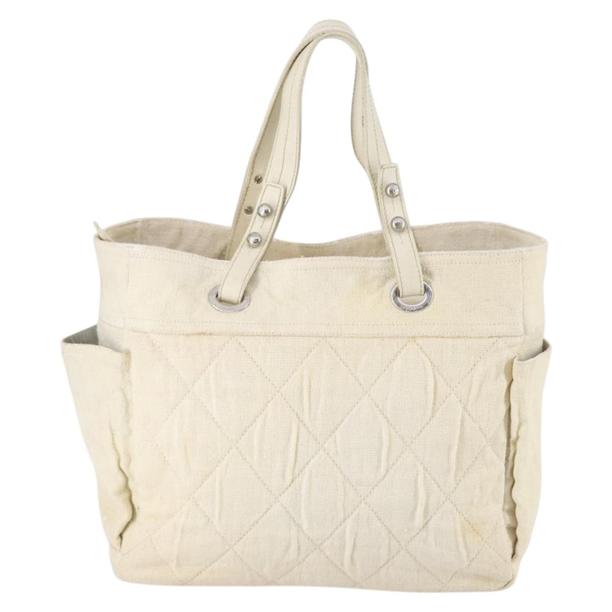 CHANEL Paris Biarritz GM Tote Bag Coated Canvas White Silver CC Auth 142940