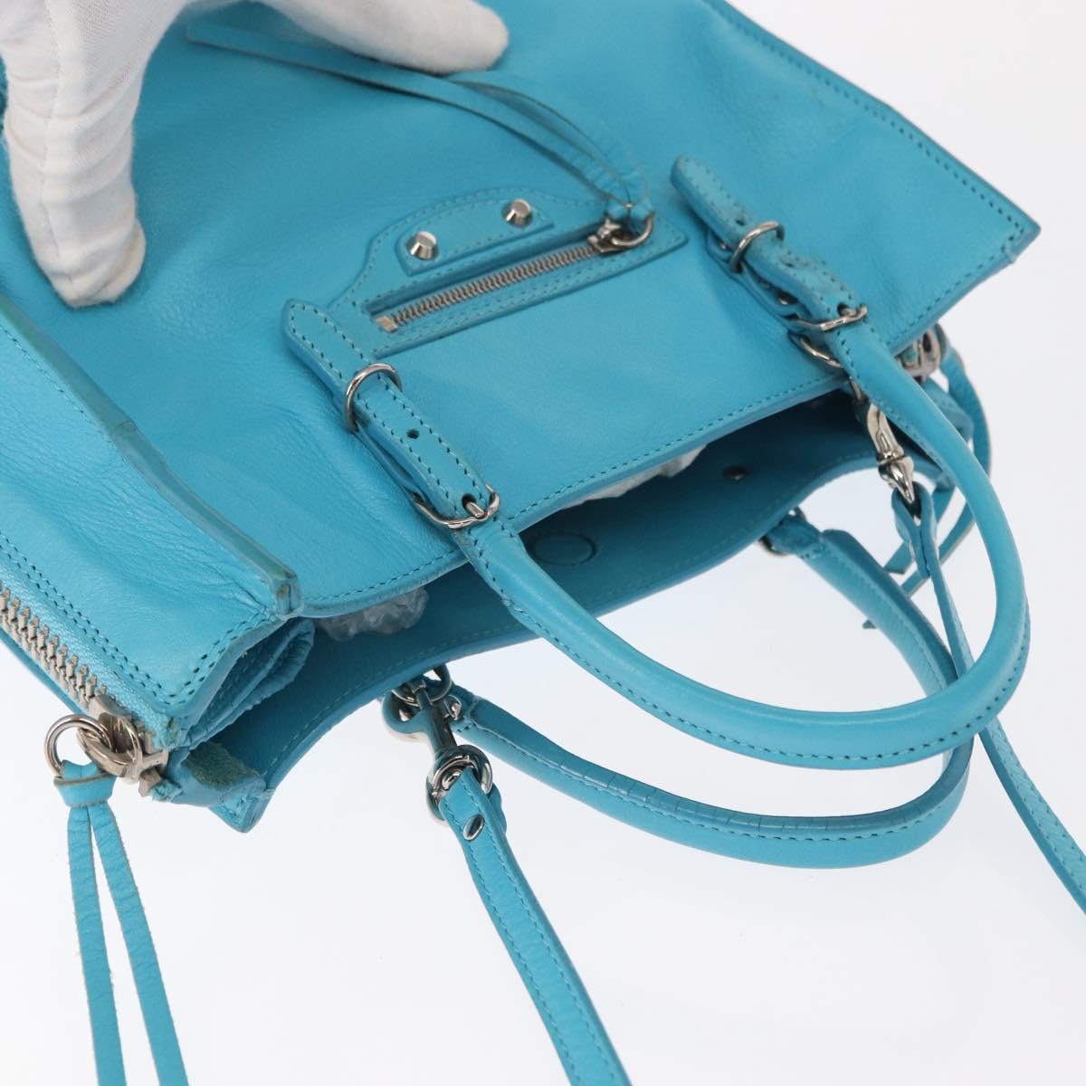 BALENCIAGA Paper Mini Hand Bag Leather 2way Light Blue Silver 357333 Auth 142977