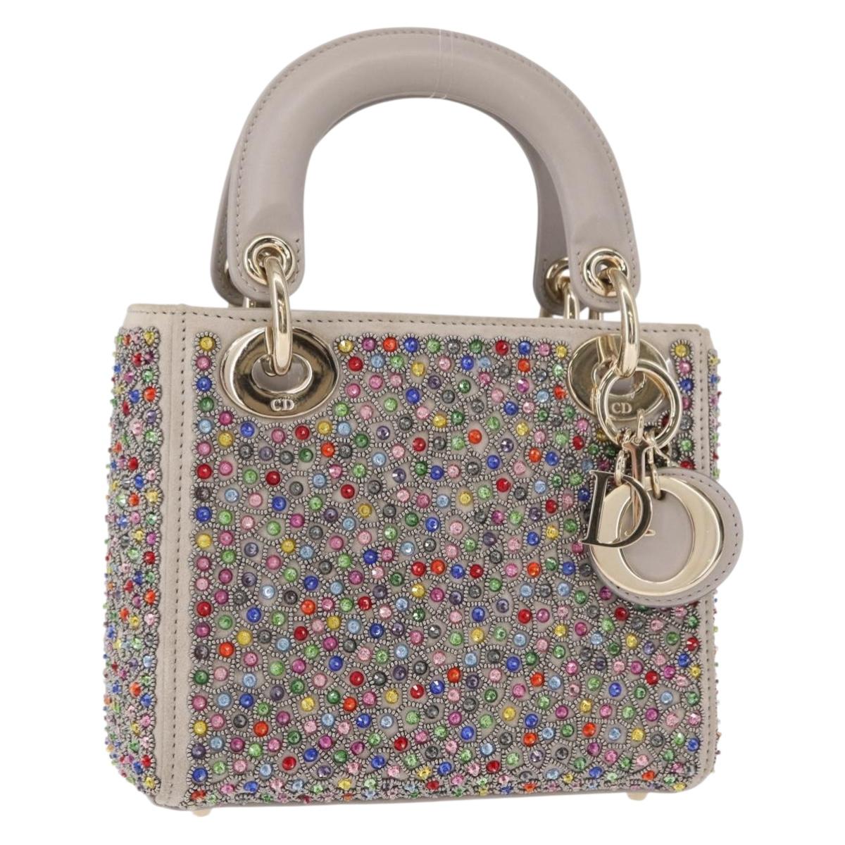 Christian Dior Lady Dior Beads Hand Bag Leather Multicolor Gold Auth 142981SM