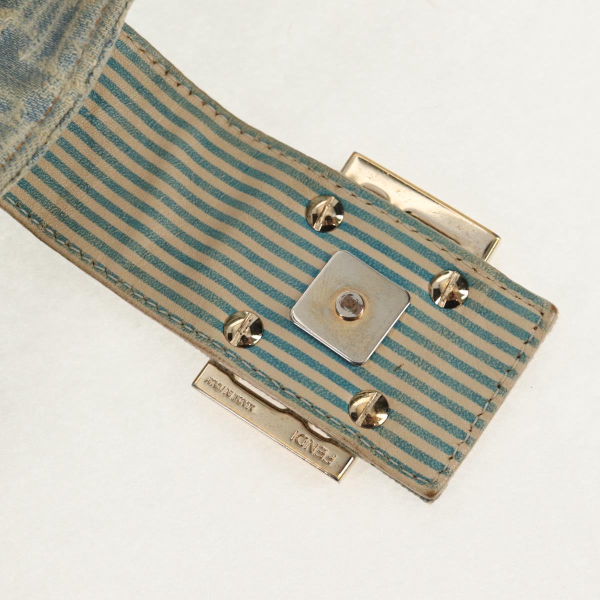 FENDI Zucchino Canvas Mamma Baguette Shoulder Bag Light Blue Gold Auth 142982