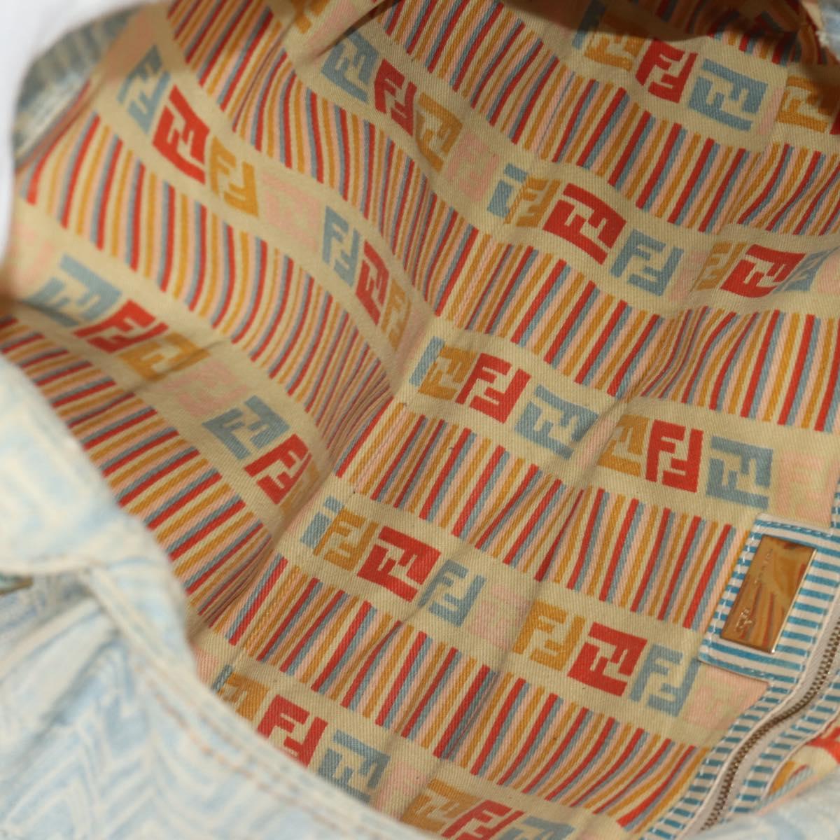 FENDI Zucchino Canvas Mamma Baguette Shoulder Bag Light Blue Gold Auth 142982