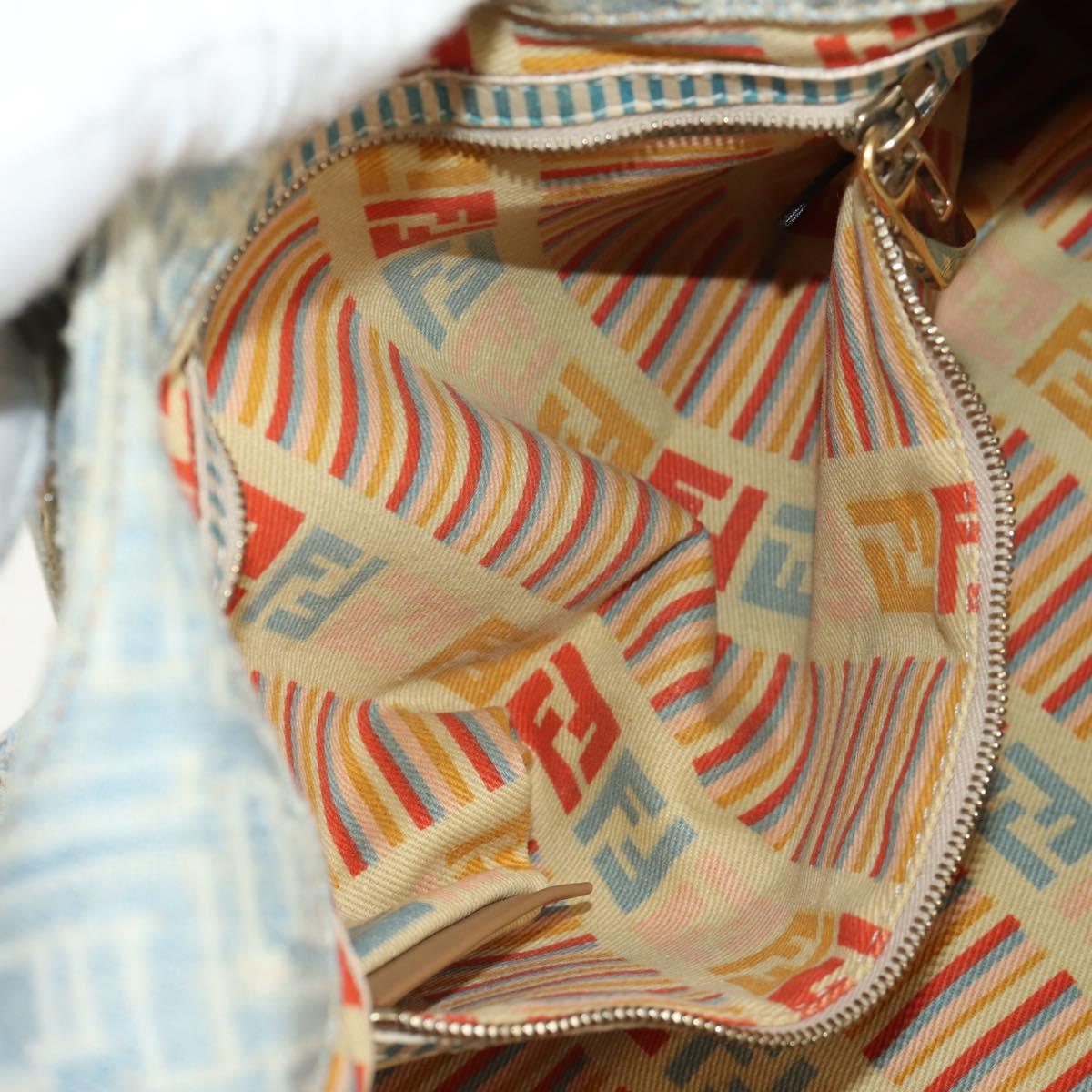 FENDI Zucchino Canvas Mamma Baguette Shoulder Bag Light Blue Gold Auth 142982