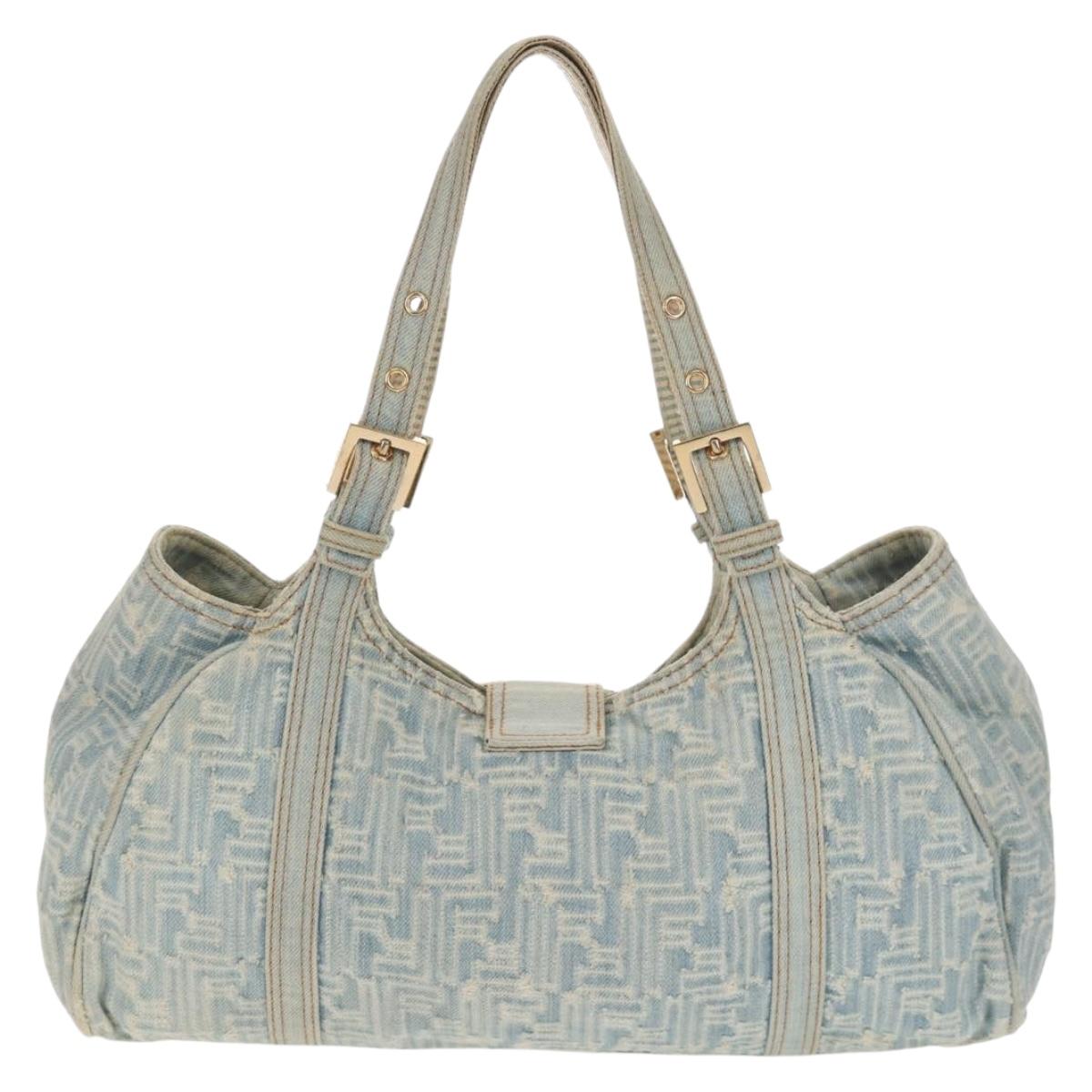 FENDI Zucchino Canvas Mamma Baguette Shoulder Bag Light Blue Gold Auth 142982