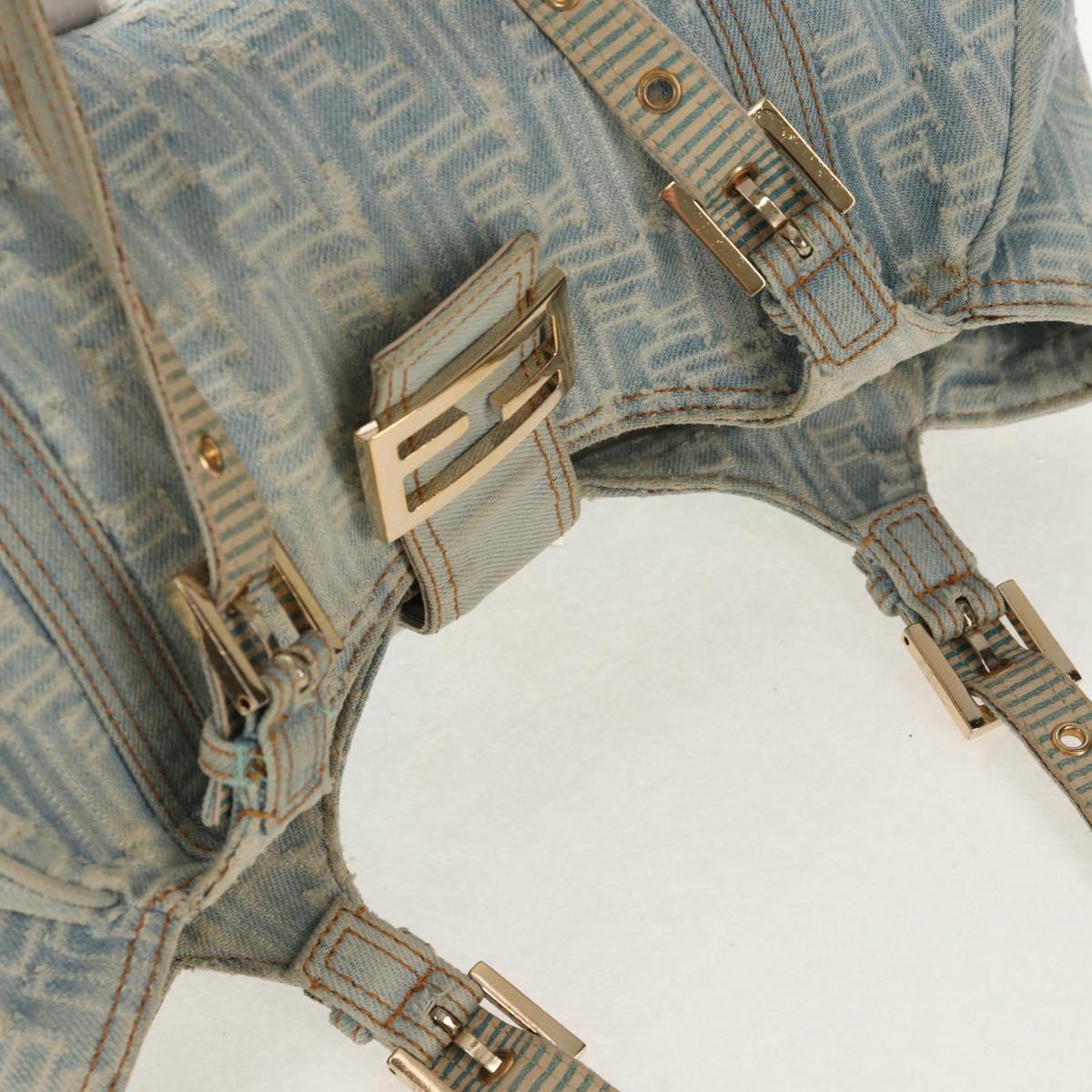 FENDI Zucchino Canvas Mamma Baguette Shoulder Bag Light Blue Gold Auth 142982