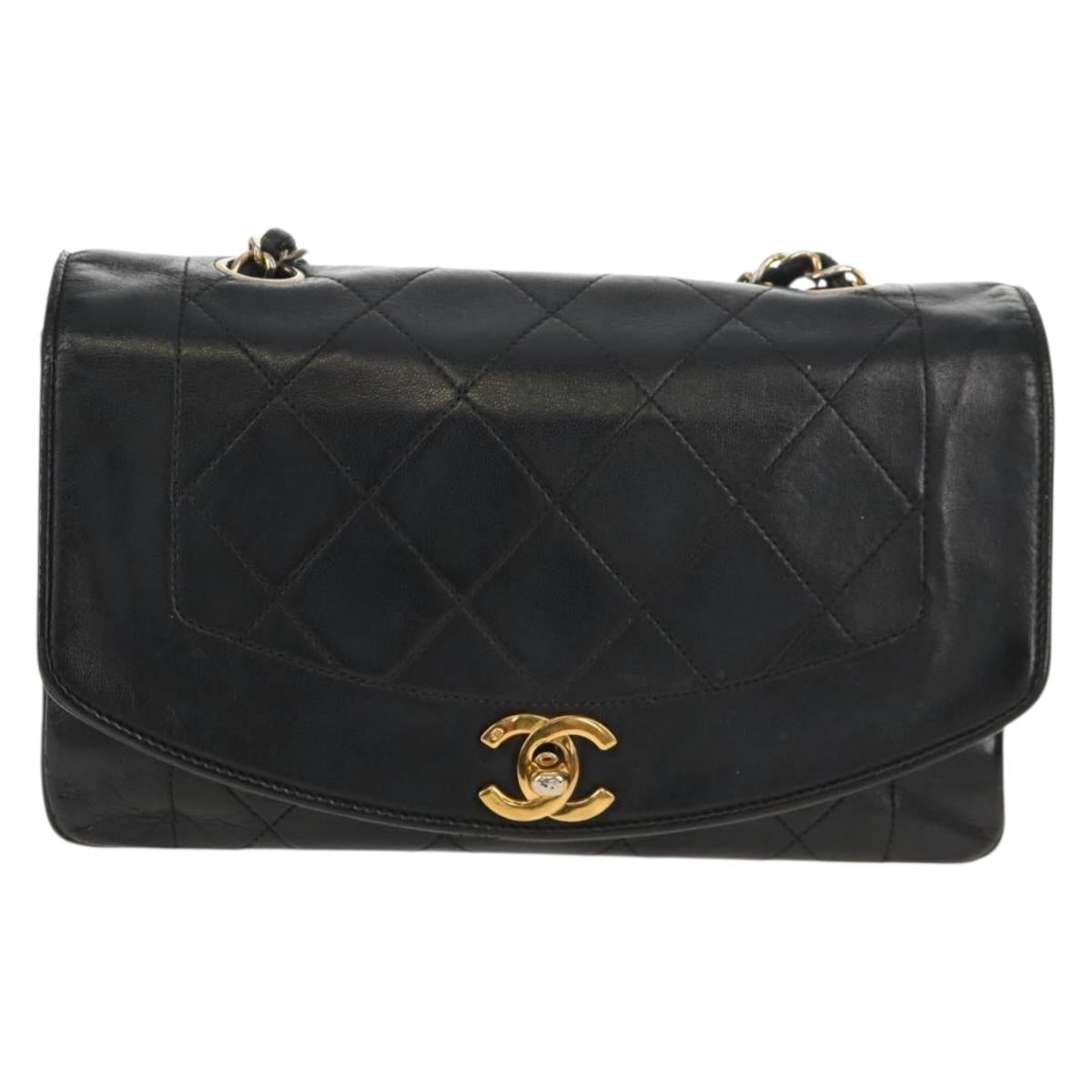 CHANEL Matelasse Chain Diana 22 Shoulder Bag Lamb Skin Black Gold CC Auth 142985