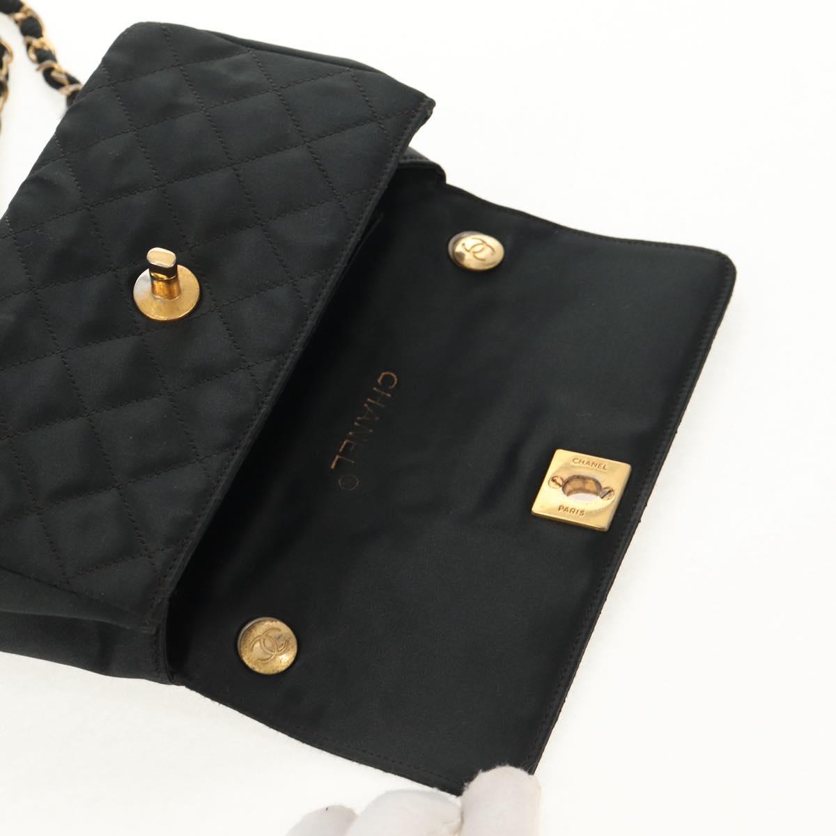 CHANEL Matelasse Chain Shoulder Bag Satin Black Gold CC Auth 142989V