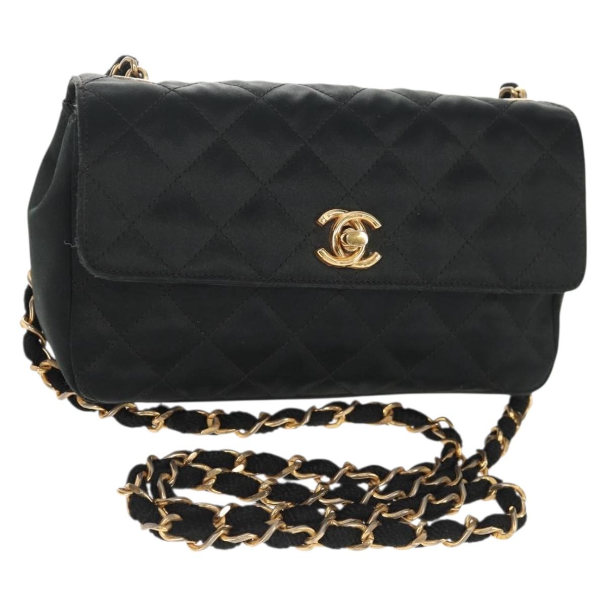 CHANEL Matelasse Chain Shoulder Bag Satin Black Gold CC Auth 142989V