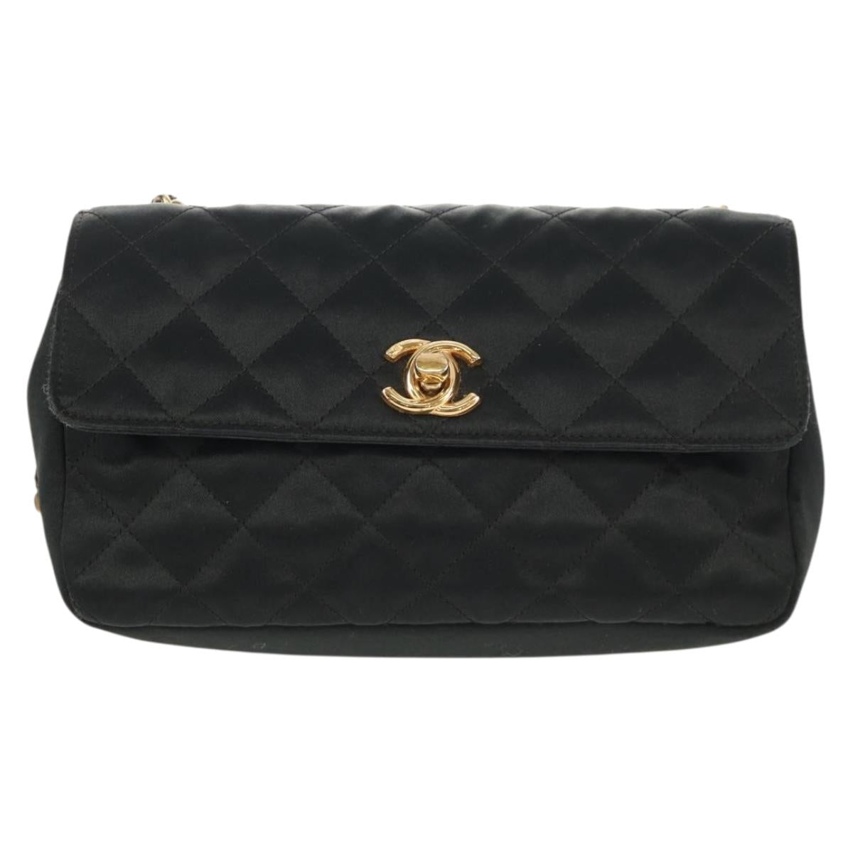 CHANEL Matelasse Chain Shoulder Bag Satin Black Gold CC Auth 142989V