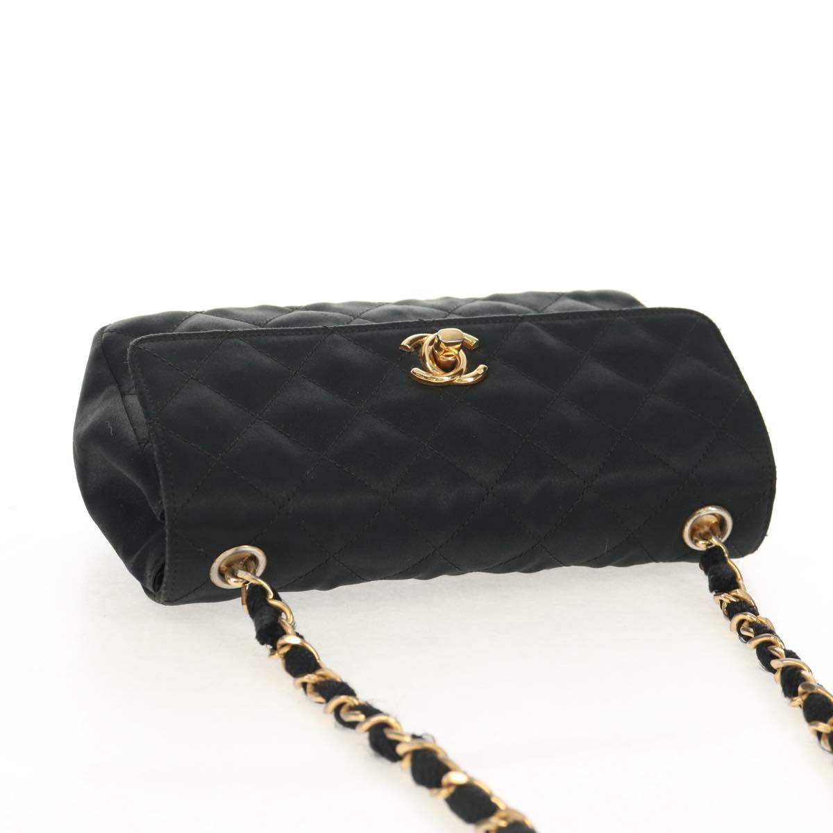 CHANEL Matelasse Chain Shoulder Bag Satin Black Gold CC Auth 142989V