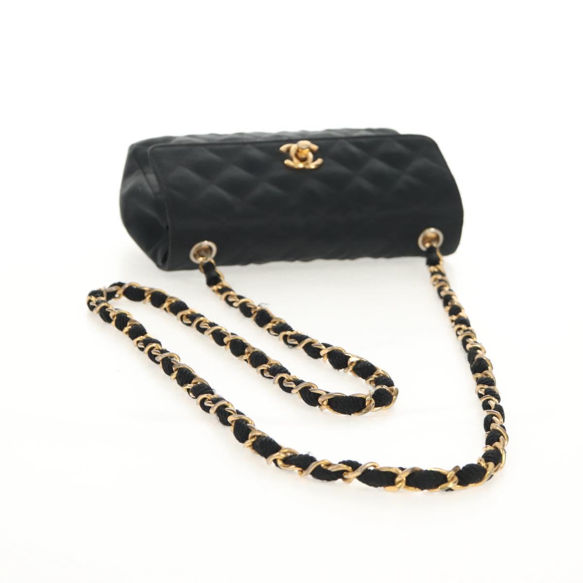 CHANEL Matelasse Chain Shoulder Bag Satin Black Gold CC Auth 142989V