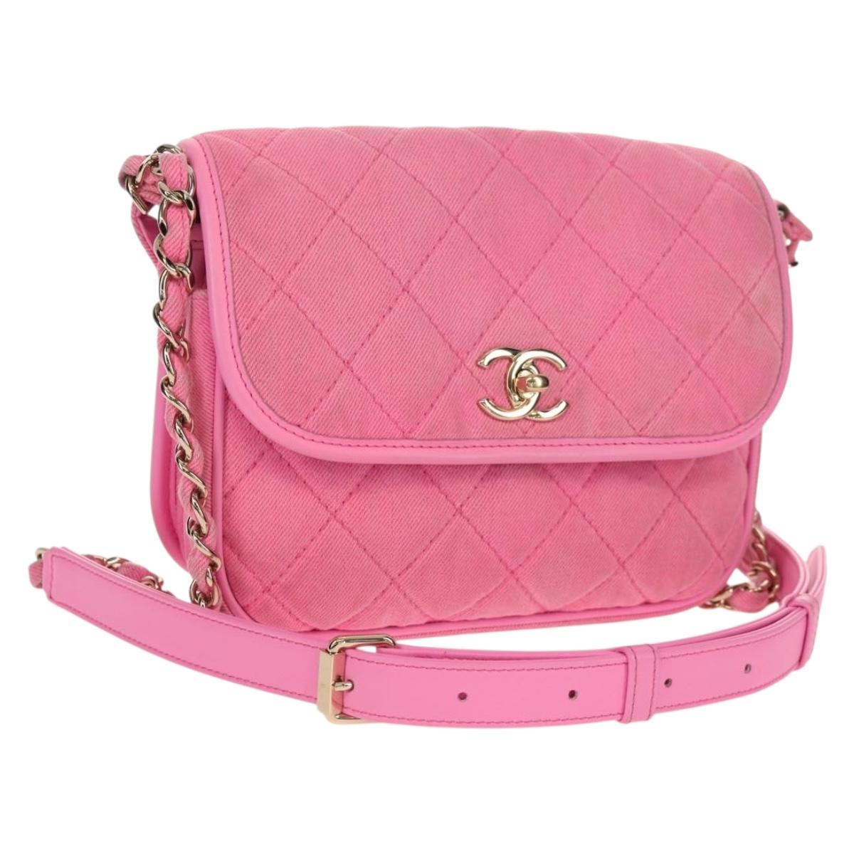 CHANEL Matelasse Chain Shoulder Bag Canvas Pink Gold CC Auth 142990V