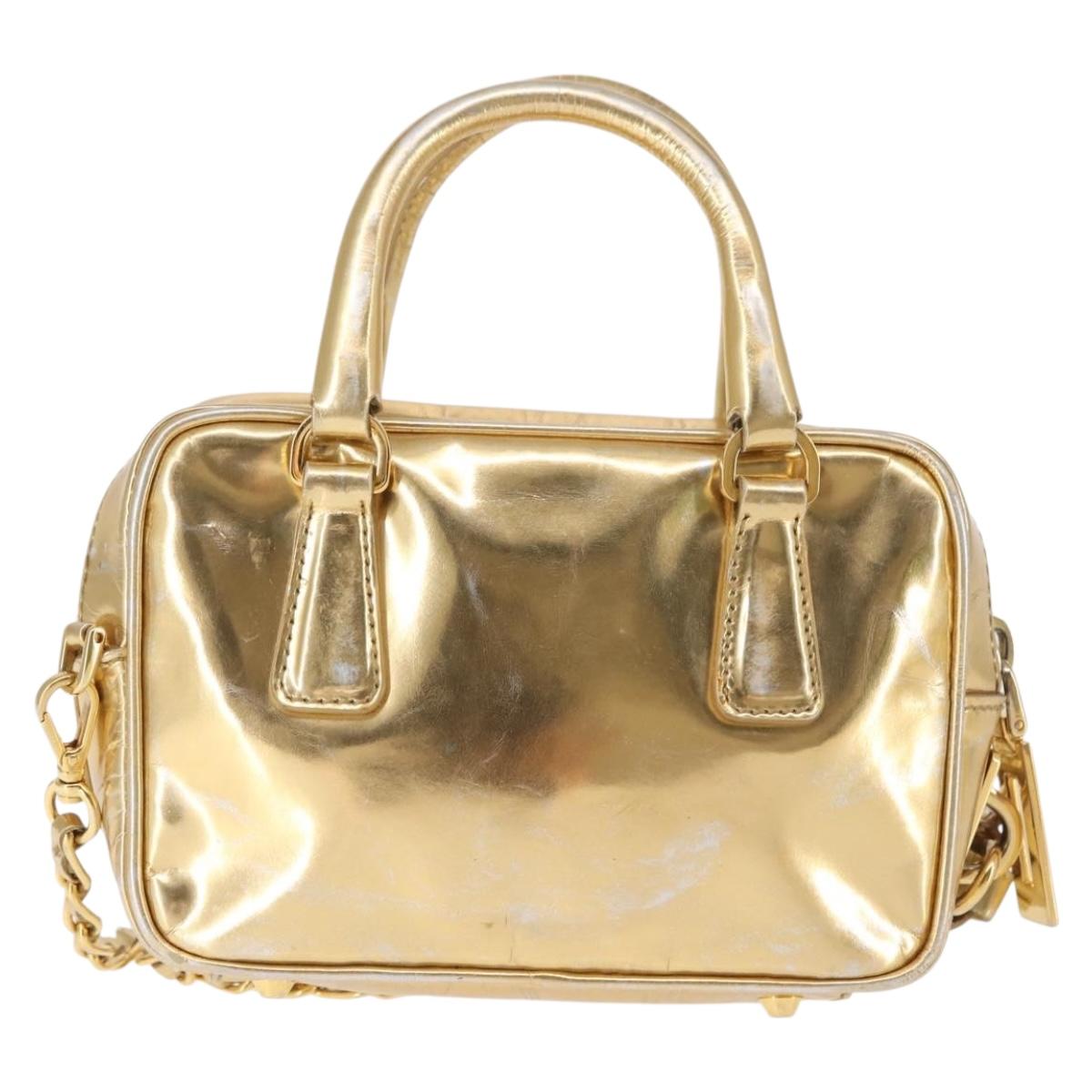 PRADA Hand Bag Leather 2way Gold Auth 142998