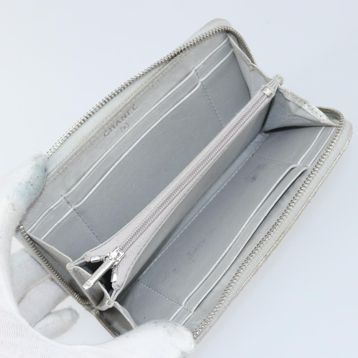 CHANEL Matelasse Long Wallet Caviar Skin Silver CC Auth 143007