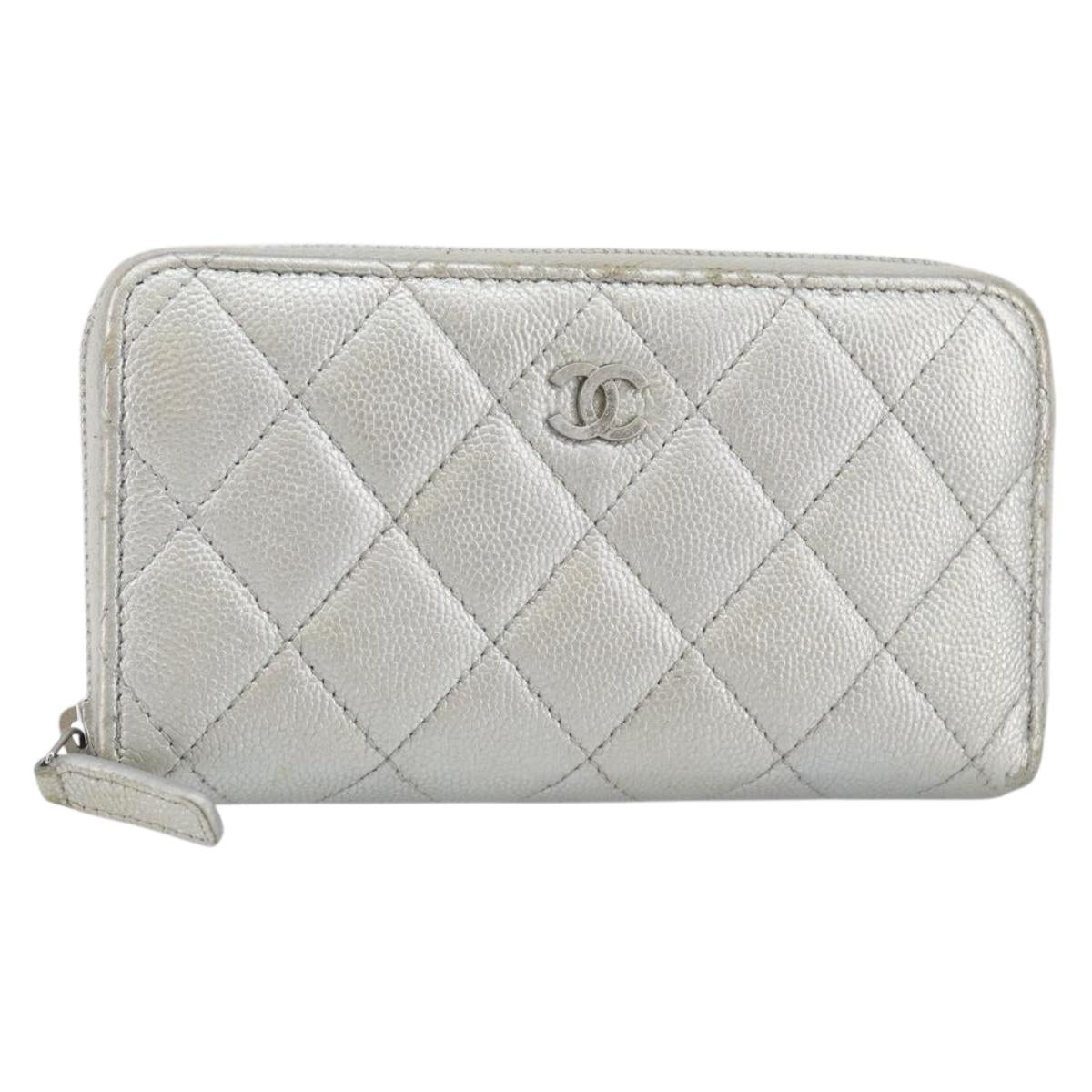 CHANEL Matelasse Long Wallet Caviar Skin Silver CC Auth 143007