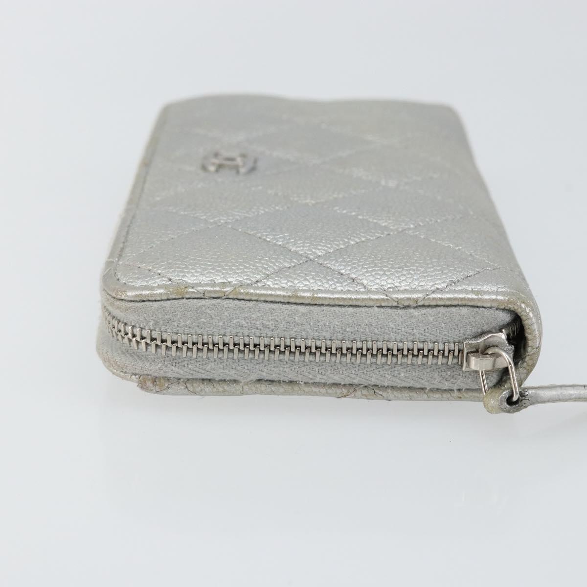 CHANEL Matelasse Long Wallet Caviar Skin Silver CC Auth 143007