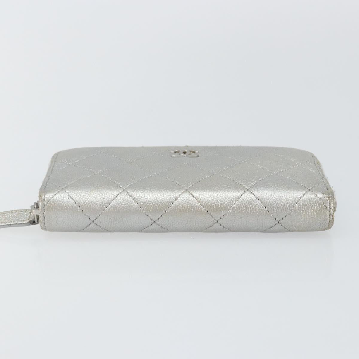 CHANEL Matelasse Long Wallet Caviar Skin Silver CC Auth 143007