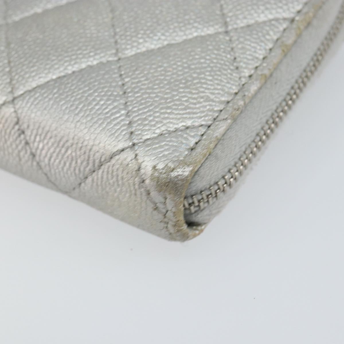 CHANEL Matelasse Long Wallet Caviar Skin Silver CC Auth 143007