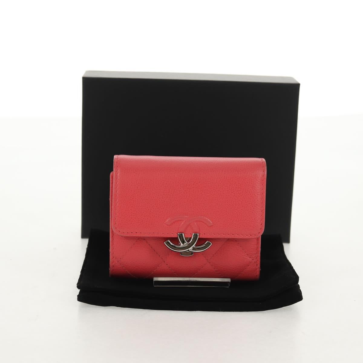CHANEL Matelasse Compact Wallet Caviar Skin Pink CC Auth 143012M