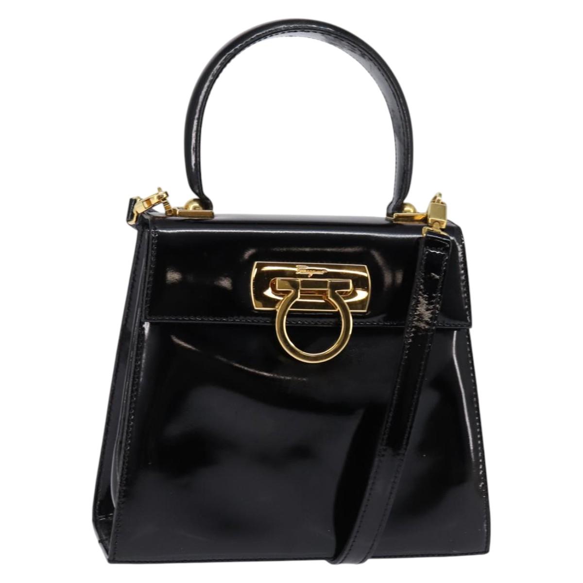 Salvatore Ferragamo Gancini Hand Bag Patent leather 2way Black Gold Auth 143083