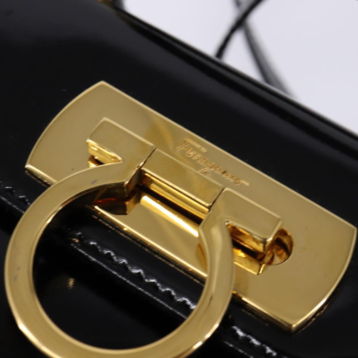 Salvatore Ferragamo Gancini Hand Bag Patent leather 2way Black Gold Auth 143083