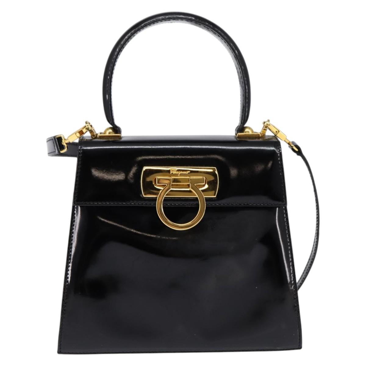 Salvatore Ferragamo Gancini Hand Bag Patent leather 2way Black Gold Auth 143083