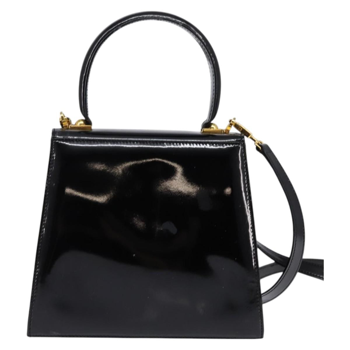 Salvatore Ferragamo Gancini Hand Bag Patent leather 2way Black Gold Auth 143083