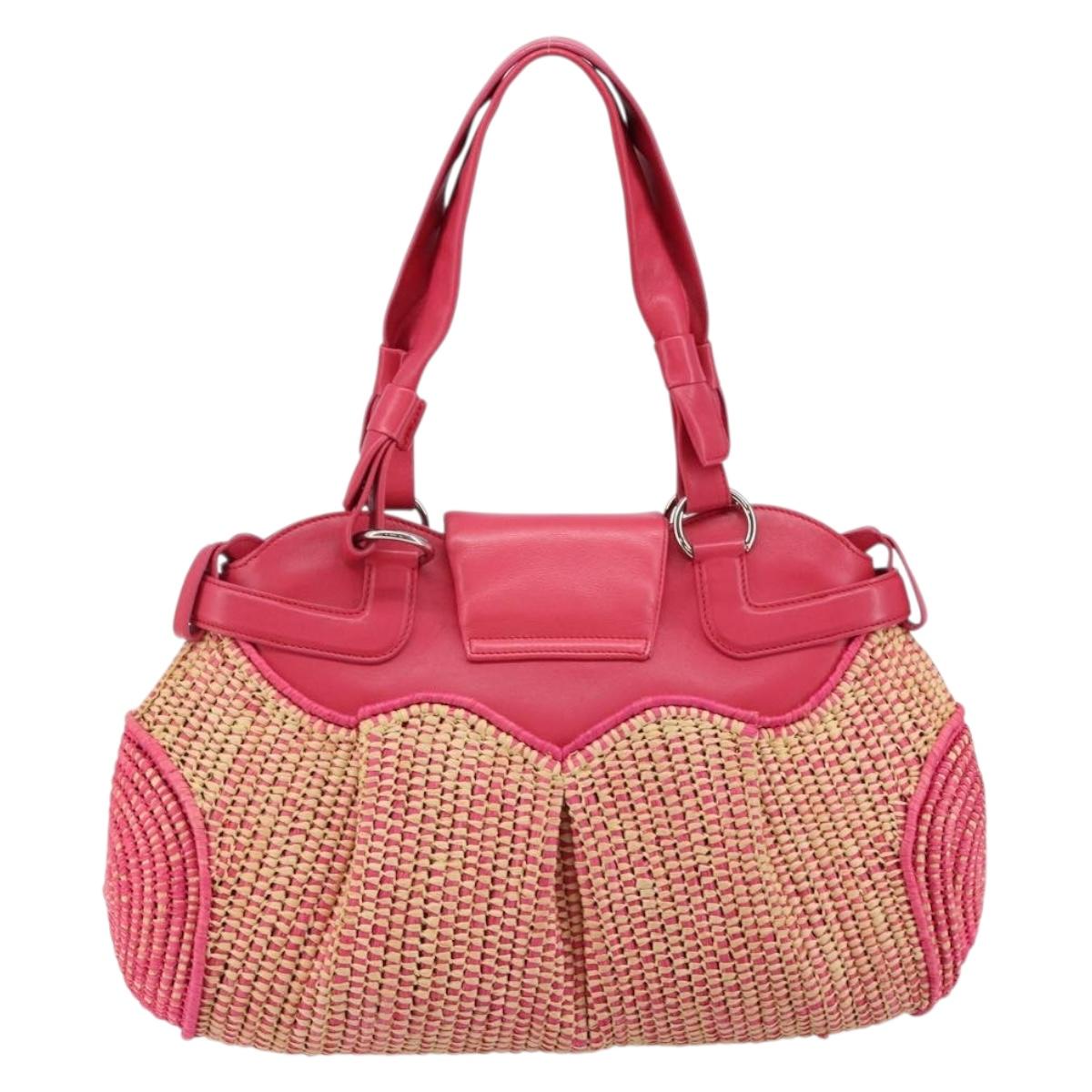 Salvatore Ferragamo Gancini Shoulder Bag Raffia Pink Silver Auth 143084