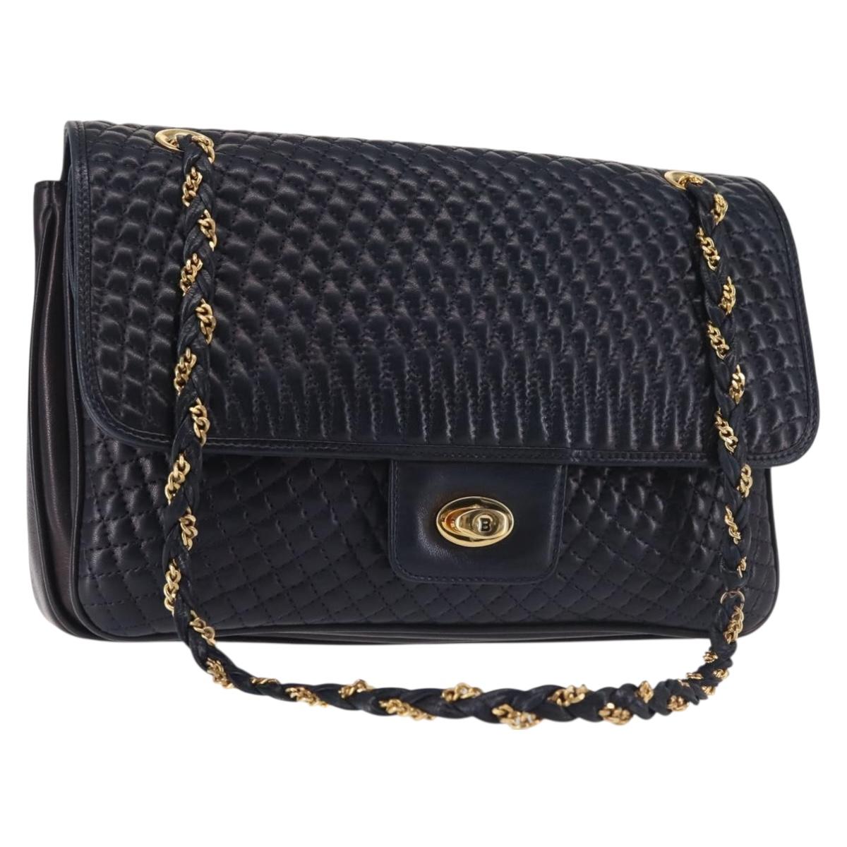 BALLY Chain Shoulder Bag Leather Navy Gold Auth 143089