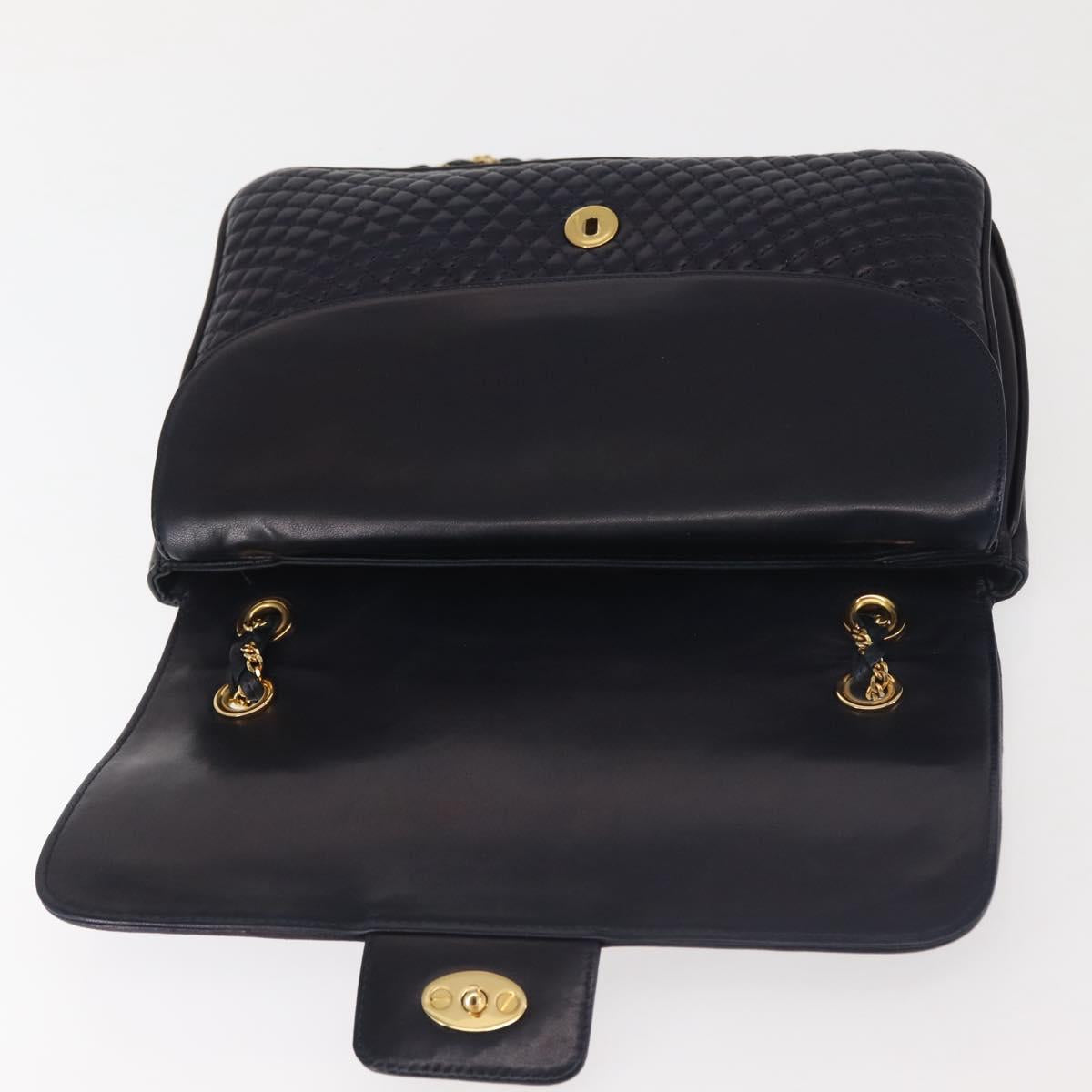 BALLY Chain Shoulder Bag Leather Navy Gold Auth 143089