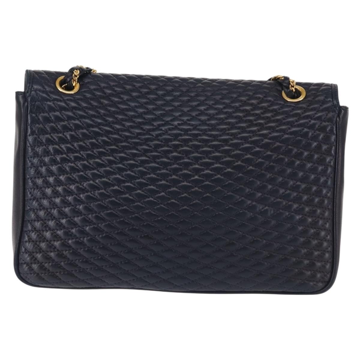 BALLY Chain Shoulder Bag Leather Navy Gold Auth 143089