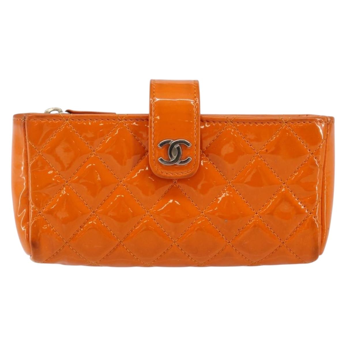 CHANEL Matelasse Pouch Patent leather Orange CC Auth 143091