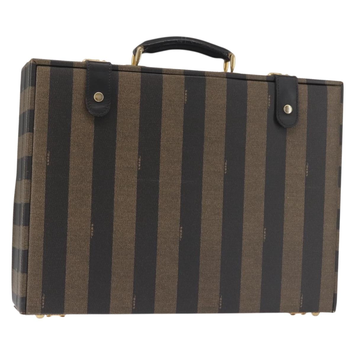 FENDI Attache Case Pecan Canvas Black Brown Auth 143134