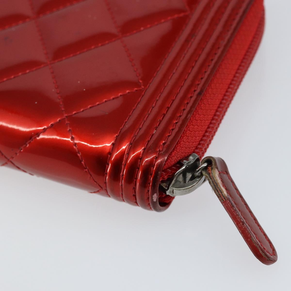 CHANEL Boy Chanel Long Wallet Patent leather Red Silver CC Auth 143150