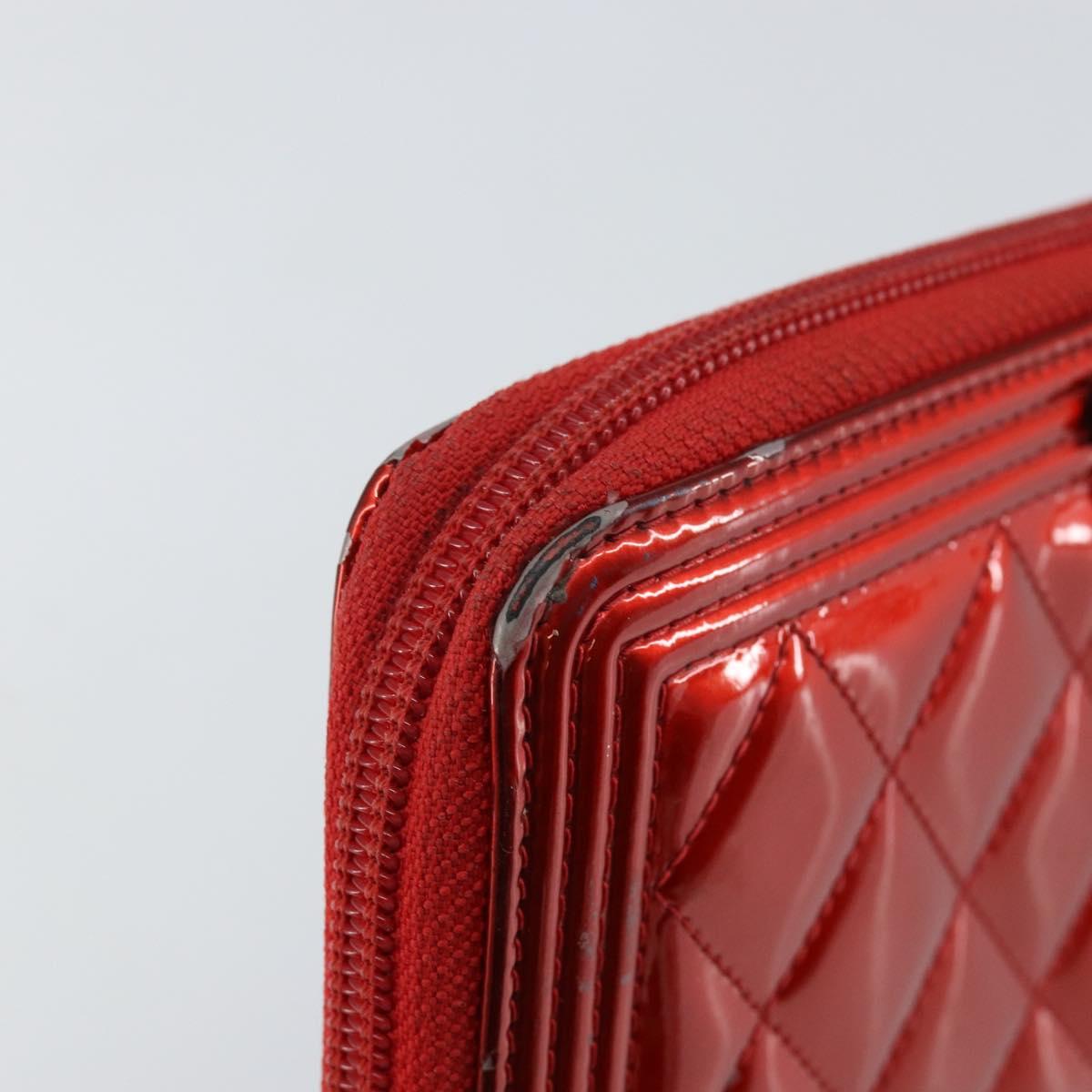 CHANEL Boy Chanel Long Wallet Patent leather Red Silver CC Auth 143150