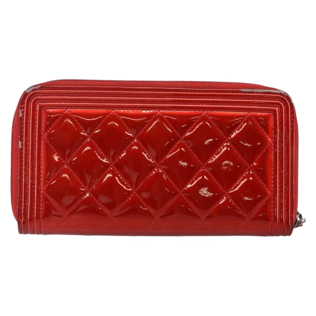 CHANEL Boy Chanel Long Wallet Patent leather Red Silver CC Auth 143150