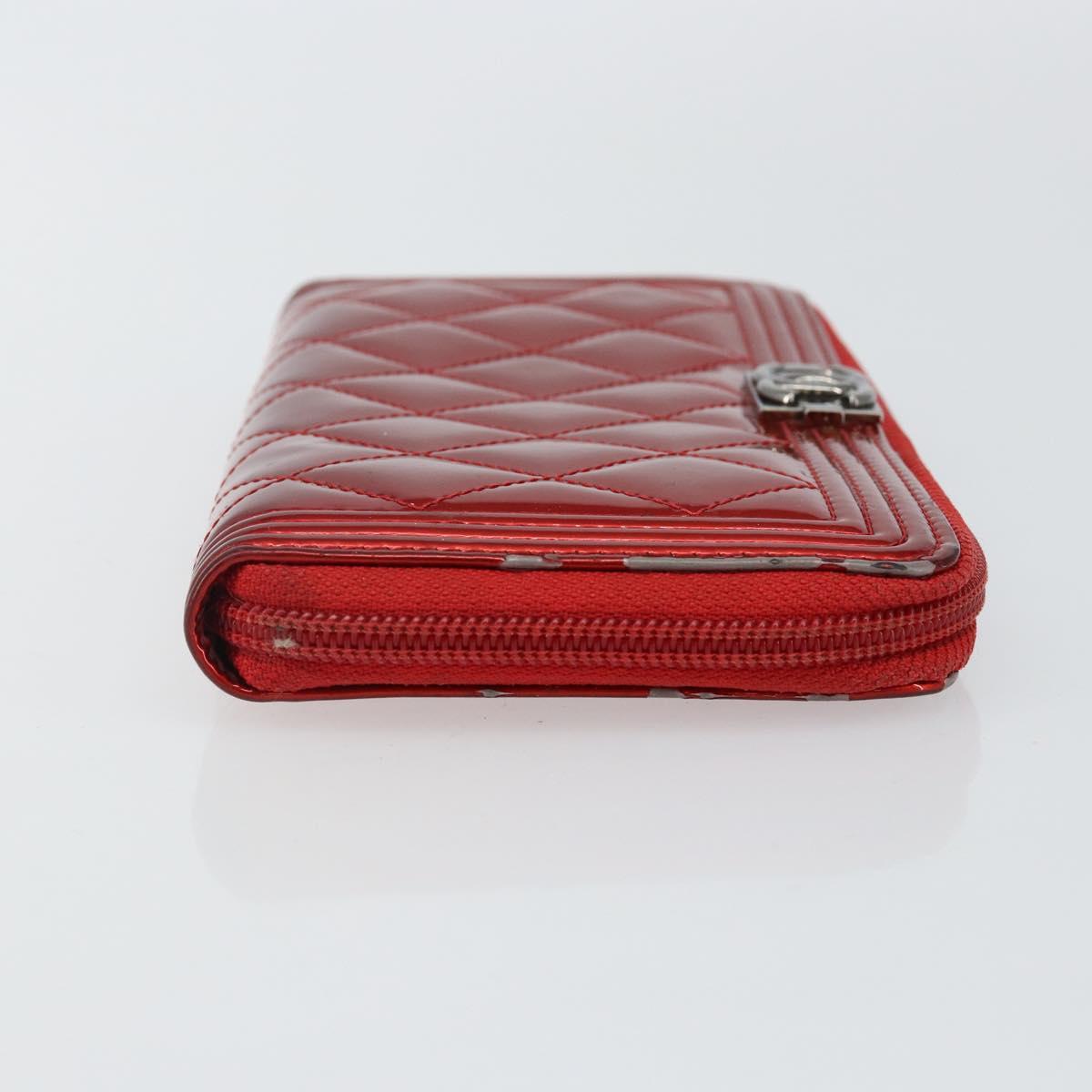 CHANEL Boy Chanel Long Wallet Patent leather Red Silver CC Auth 143150