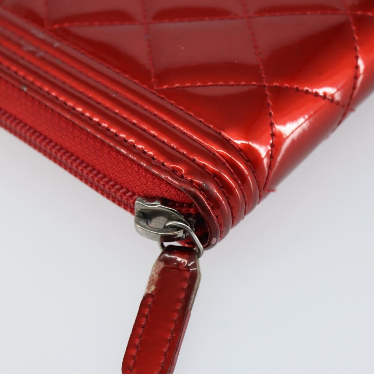 CHANEL Boy Chanel Long Wallet Patent leather Red Silver CC Auth 143150