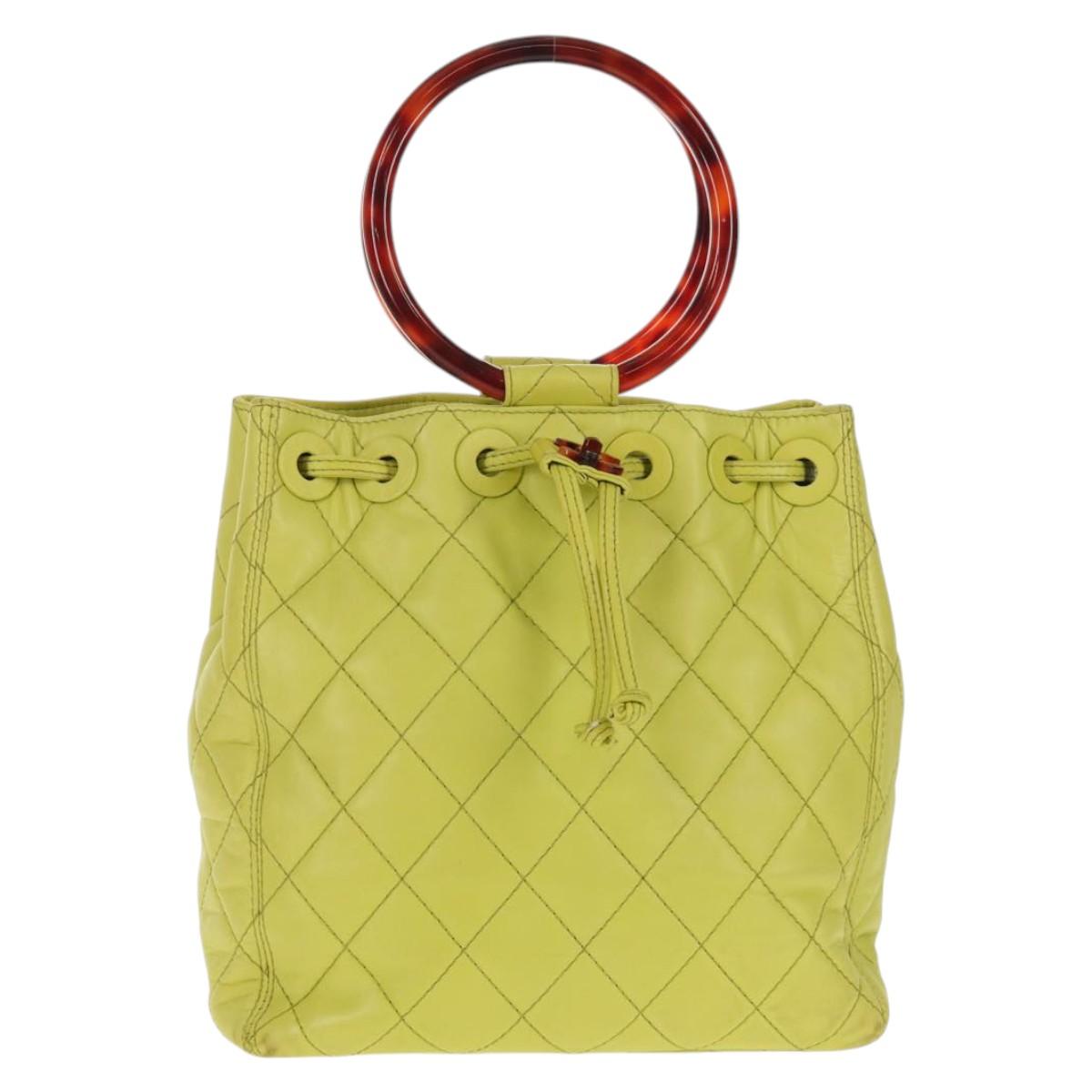 CHANEL Matelasse Hand Bag Lamb Skin Yellow CC Auth 143163V