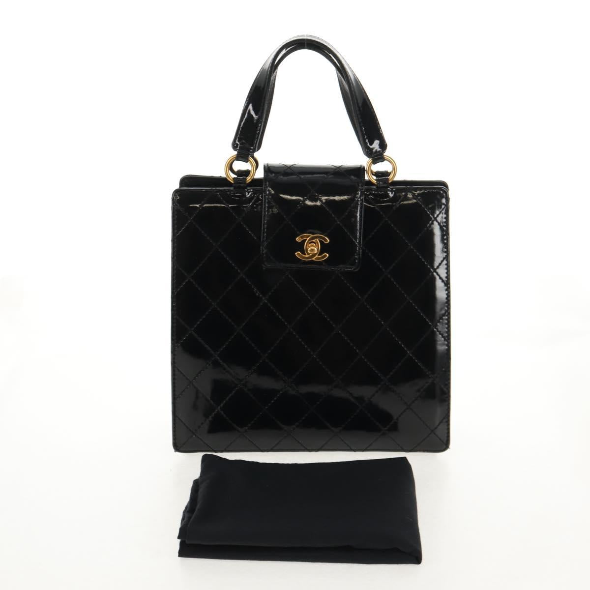 CHANEL Matelasse Hand Bag Patent leather Black Silver CC Auth 143165V