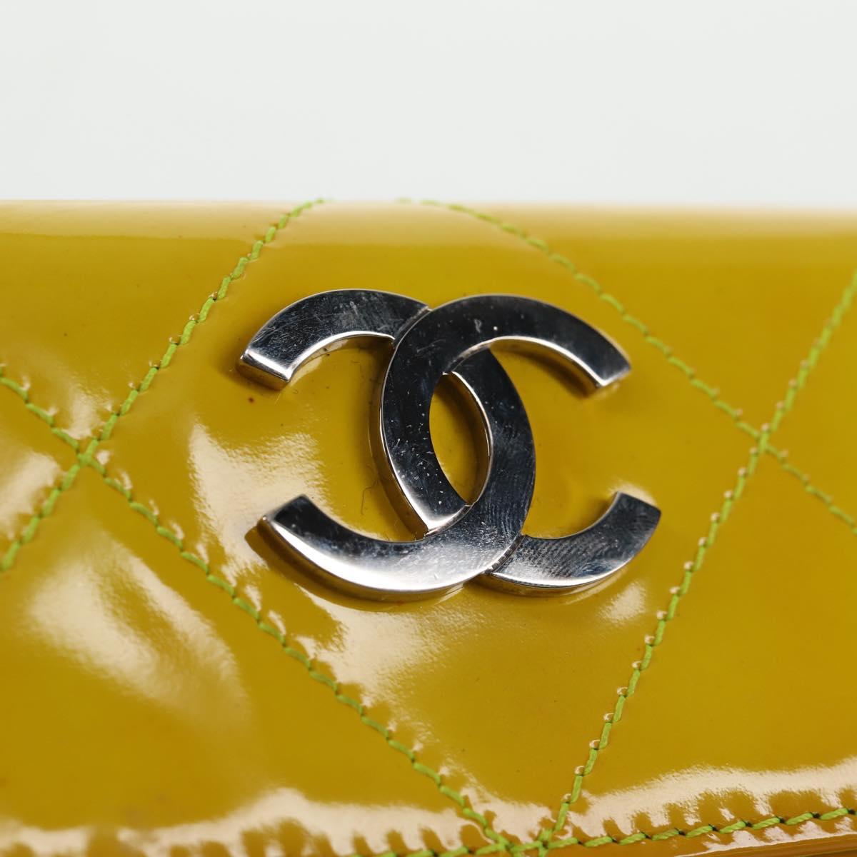 CHANEL Matelasse Chain Wallet Patent leather Yellow Silver CC Auth 143166V