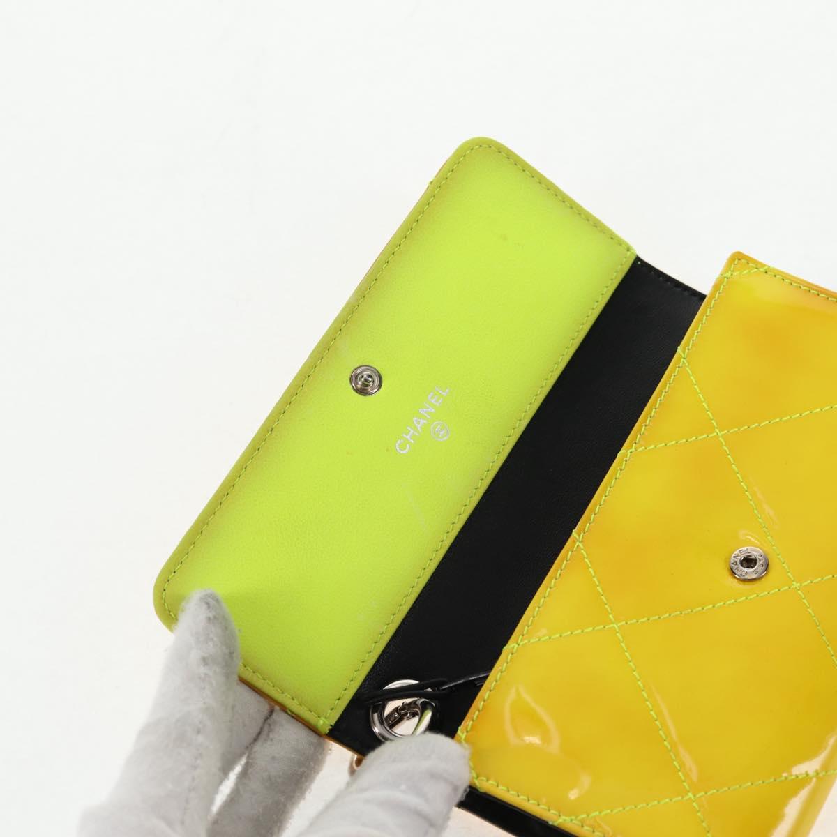 CHANEL Matelasse Chain Wallet Patent leather Yellow Silver CC Auth 143166V