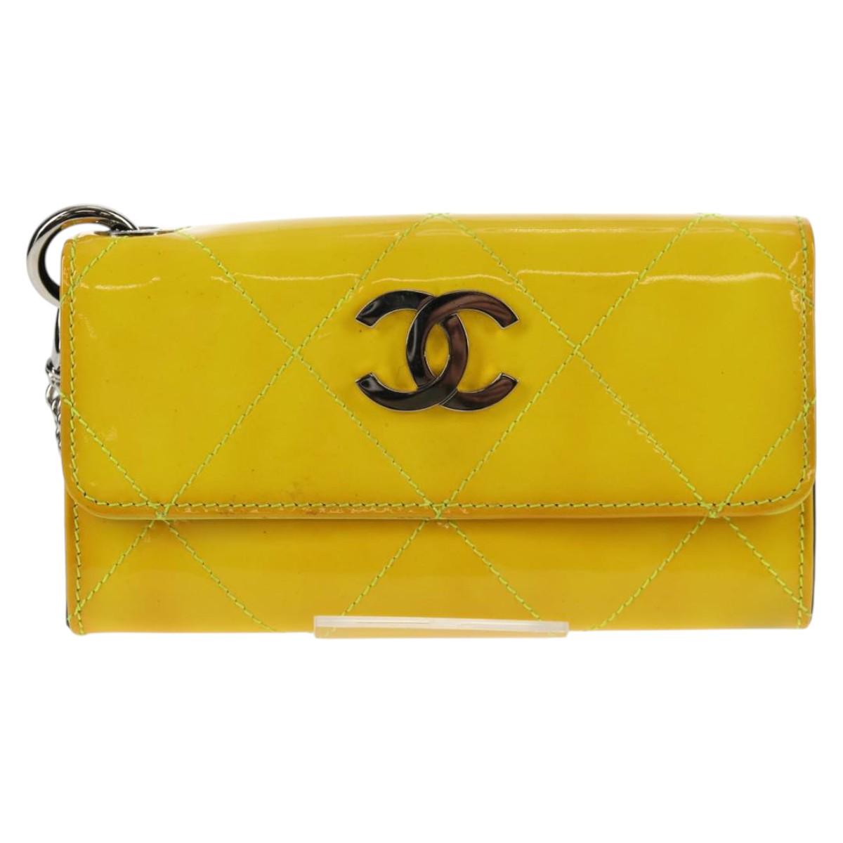 CHANEL Matelasse Chain Wallet Patent leather Yellow Silver CC Auth 143166V