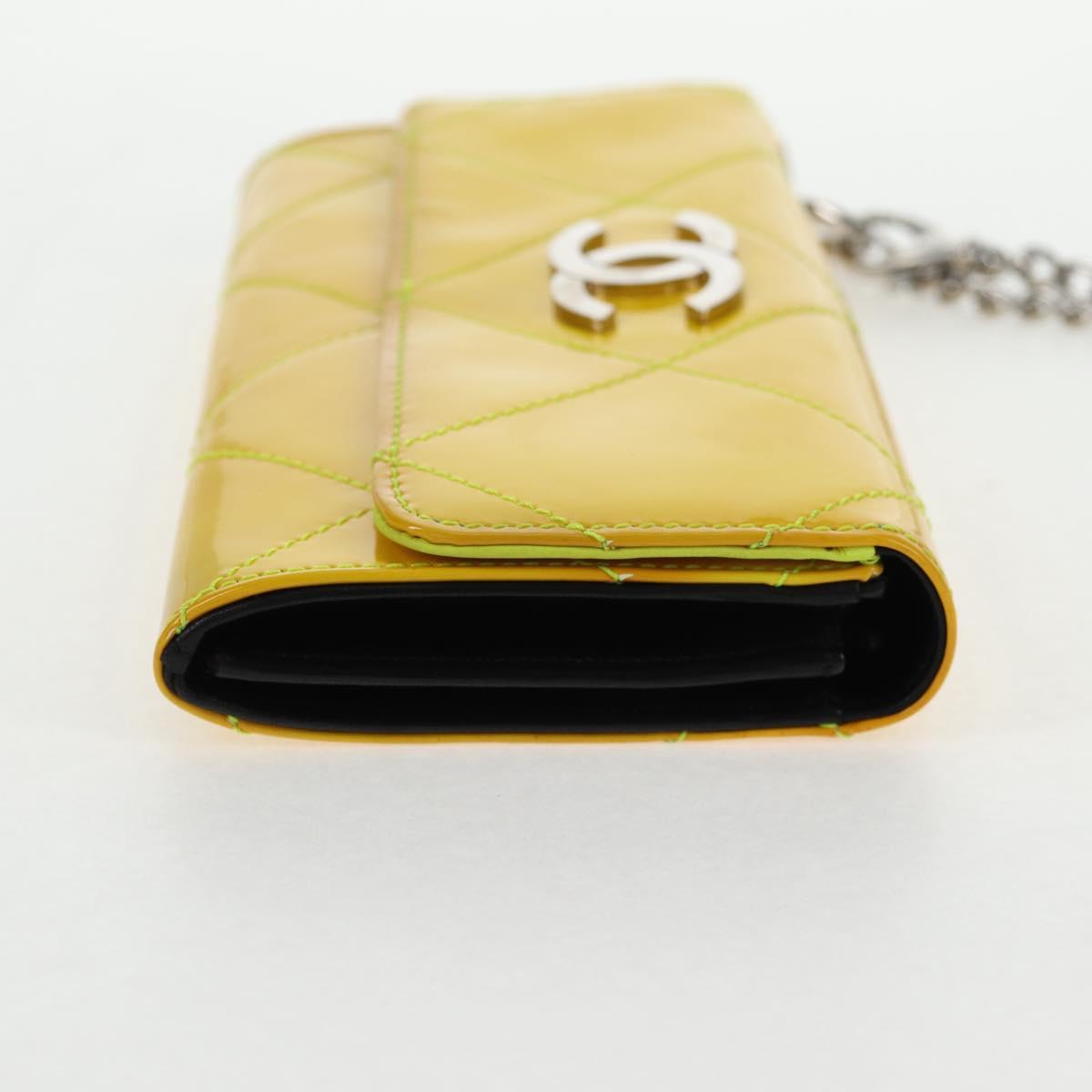 CHANEL Matelasse Chain Wallet Patent leather Yellow Silver CC Auth 143166V