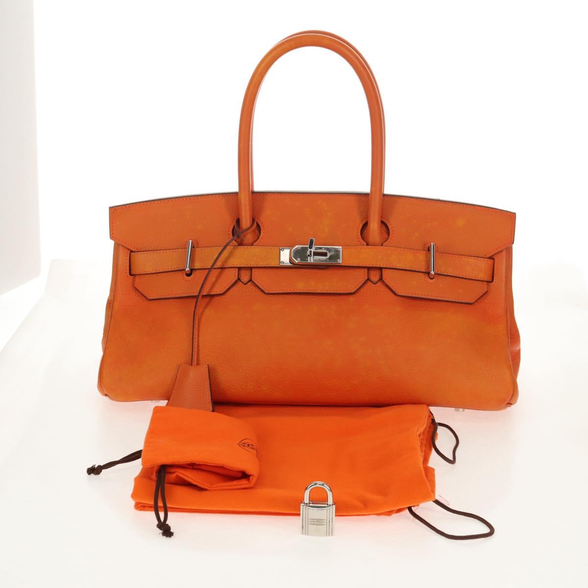 HERMES Shoulder Birkin Hand Bag Leather Orange Silver Auth 143171V