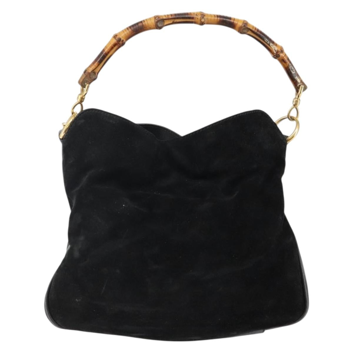GUCCI Bamboo Hand Bag Suede Leather 2way Black Gold 001 3754 1638 Auth 143211