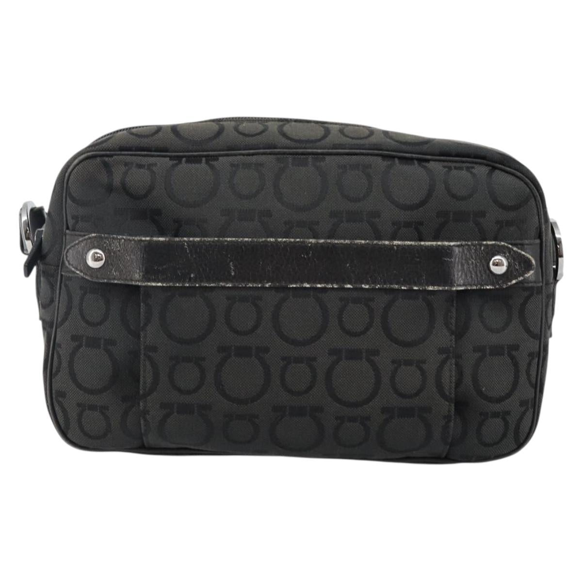 Salvatore Ferragamo Gancini Shoulder Bag Canvas Black Silver Auth 143219