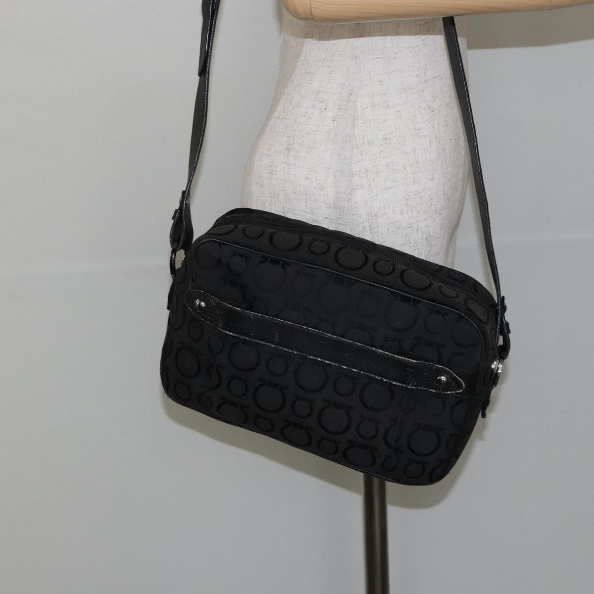 Salvatore Ferragamo Gancini Shoulder Bag Canvas Black Silver Auth 143219